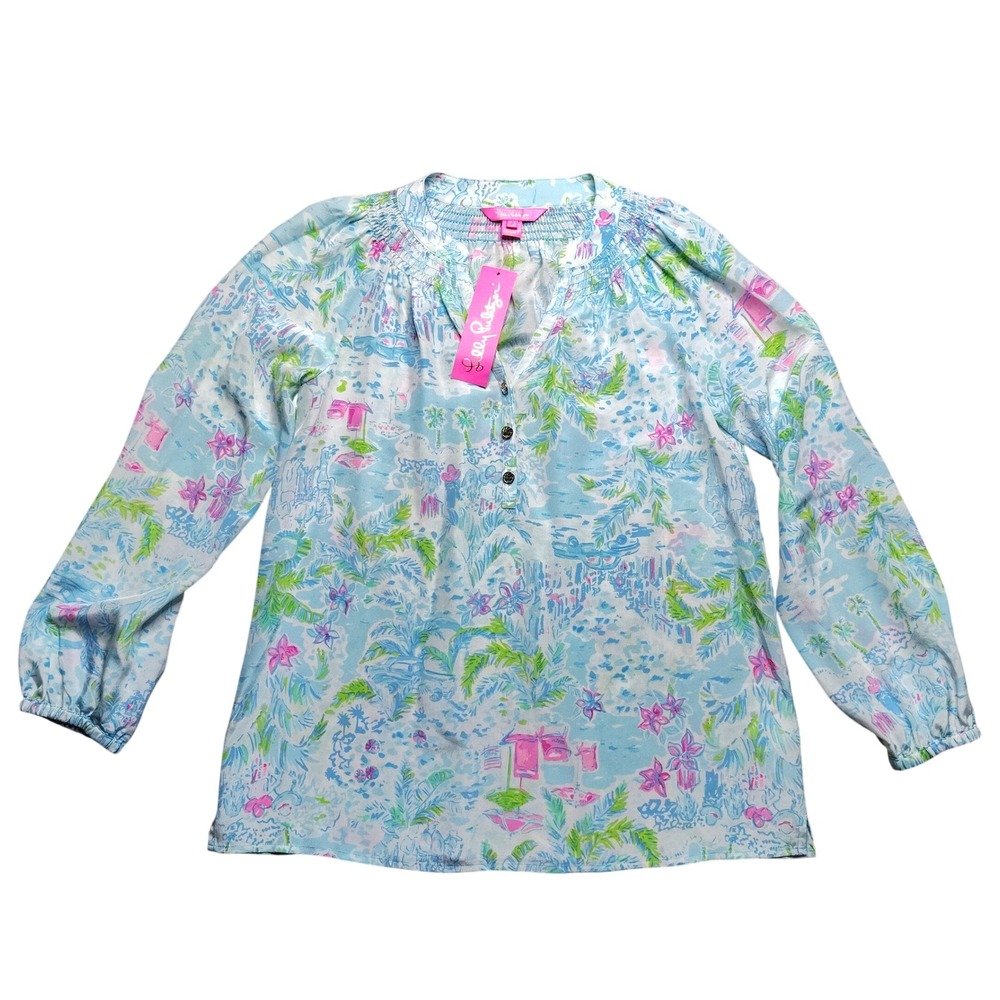 Lilly Pulitzer What a Lovely Place Multicolor Silk Elsa Split V-Neck Blouse XS